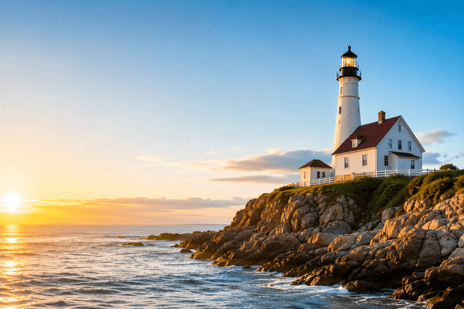 Lighthouse over the ocean at sunset